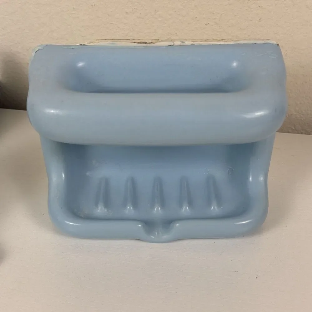 Vintage 8pc. MCM Ceramic Bathroom Porcelain Accessory Set Light Blue Japan Sun